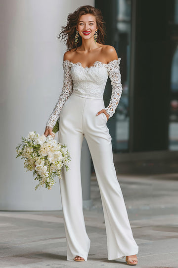 Vit Off The Shoulder Lace Bridal Jumpsuits med fickor